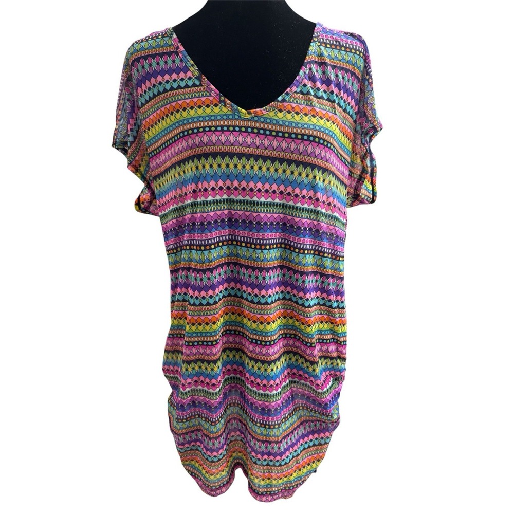 Anne Cole Women Multicolor Geometric Mesh V-Neck Swim Cover-Up Tunic Size Small